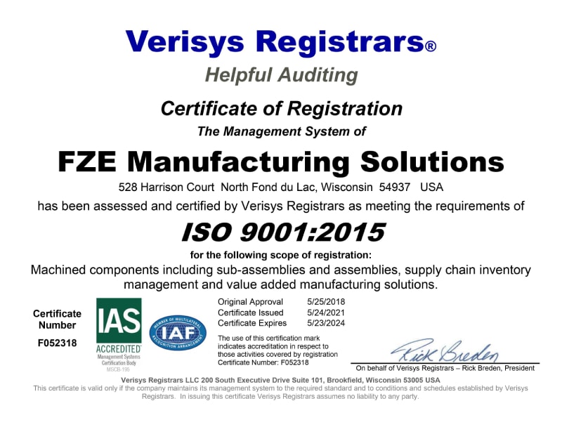 fZE Manufacturing ISO Certificate